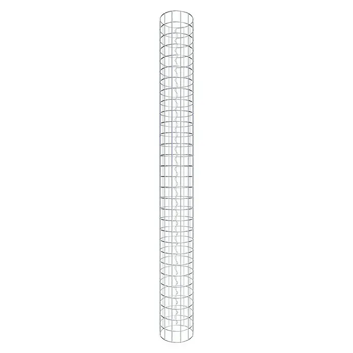 Gabiona Gabionensäule - Durchmesser: 22 cm, Höhe: 150 cm, Stahl, Maschenbreite: 50 mm, Maschenhöhe: 50 mm - Nahaufnahme einer schlanken, zylindrischen Windkraftanlage, die ein elegantes, skelettartiges Design mit Turbinenblättern im Inneren zeigt.