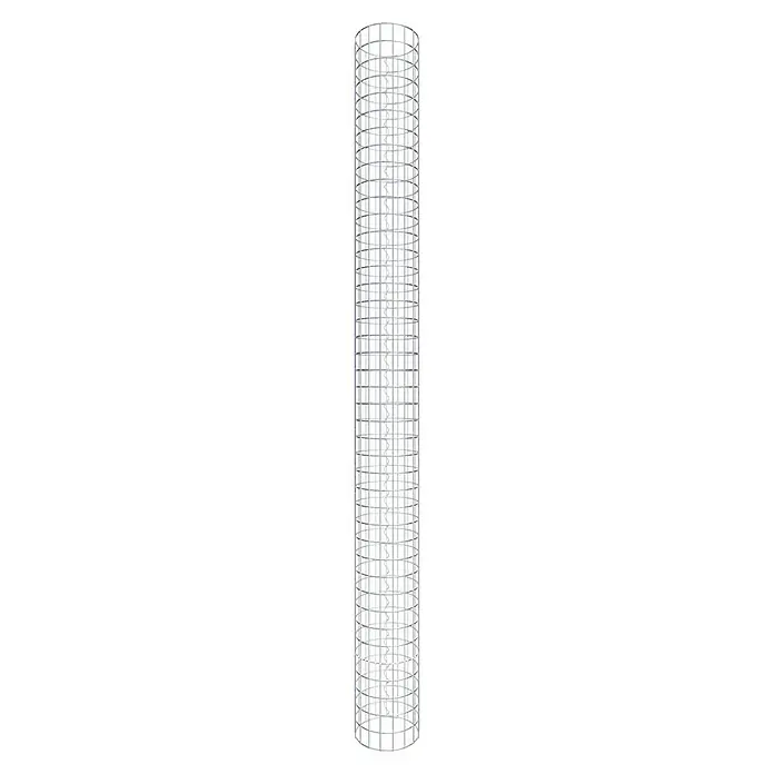 Gabiona Gabionensäule - Durchmesser: 27 cm, Höhe: 210 cm, Stahl, Maschenbreite: 50 mm, Maschenhöhe: 50 mm - Aufnahme eines modernen, hohen Gebäudes mit einer Fassade aus Metall und Glas, das in den Himmel ragt.