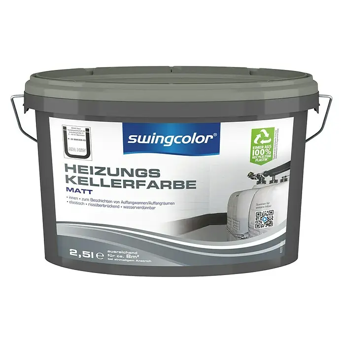 swingcolor Heizungskellerfarbe - Grau, 2,5 l, Seidenmatt - Grauer Eimer Swingcolor Heizungs Kellerfarbe Matt, ideal für Heizungskeller. Der Eimer ist aus 100% recyceltem Plastik.