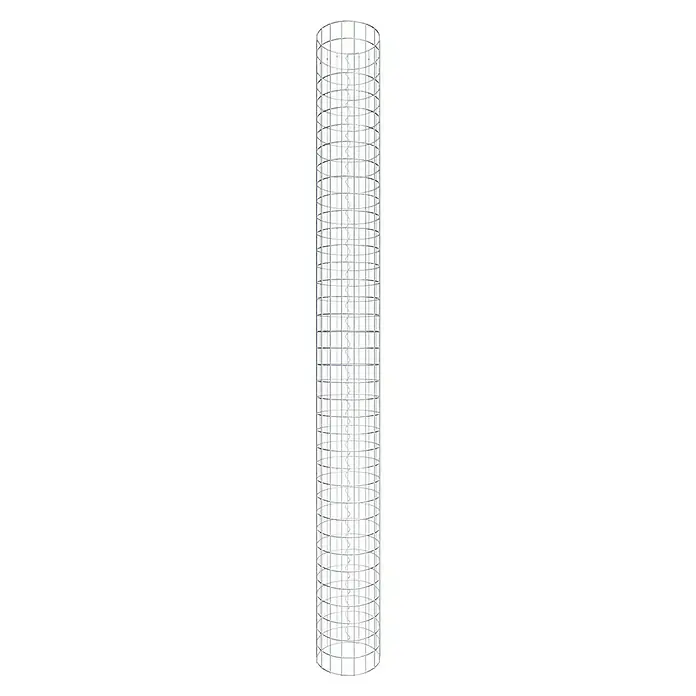 Gabiona Gabionensäule - Durchmesser: 27 cm, Höhe: 190 cm, Stahl, Maschenbreite: 50 mm, Maschenhöhe: 50 mm - Das Bild zeigt eine zylindrische Struktur aus einem silbernen Gitter, das ein weißes, spiralförmiges Objekt umschließt.