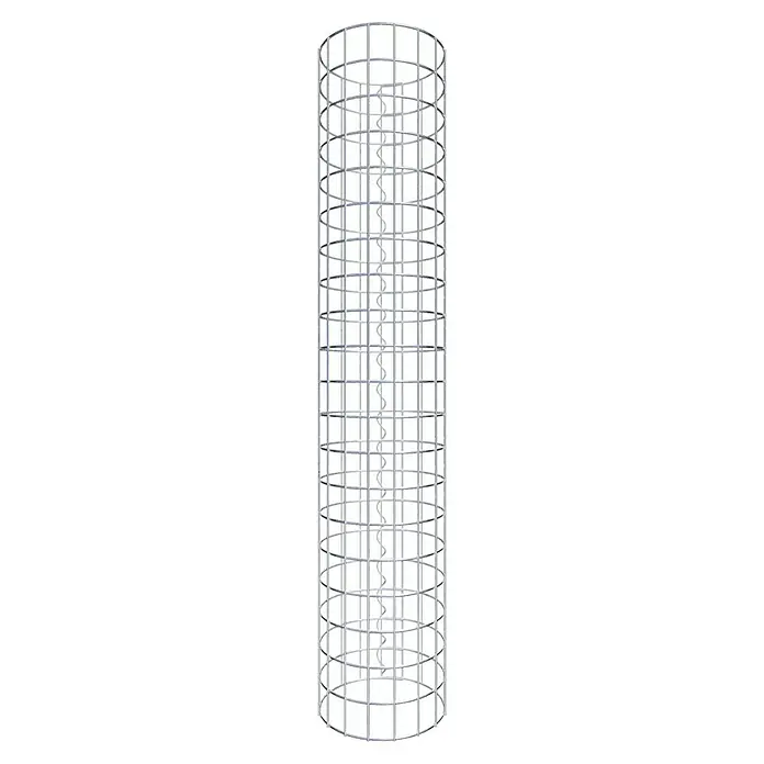 Gabiona Gabionensäule - Durchmesser: 27 cm, Höhe: 100 cm, Stahl, Maschenbreite: 50 mm, Maschenhöhe: 50 mm - Eine Nahaufnahme einer Wendeltreppe, die von einem Gitterkäfig umgeben ist, wodurch ein interessantes architektonisches Detail entsteht.