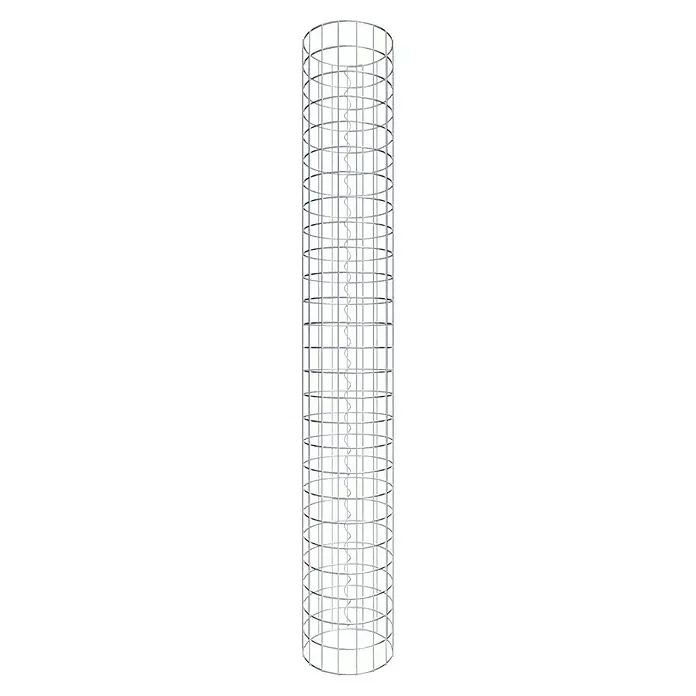 Gabiona Gabionensäule - Durchmesser: 27 cm, Höhe: 130 cm, Stahl, Maschenbreite: 50 mm, Maschenhöhe: 50 mm - Aufnahme eines zylindrischen, vertikalen Windkraftanlage-Prototyps mit spiralförmigen Rotorblättern und einem schützenden Käfig aus Metallstreben.