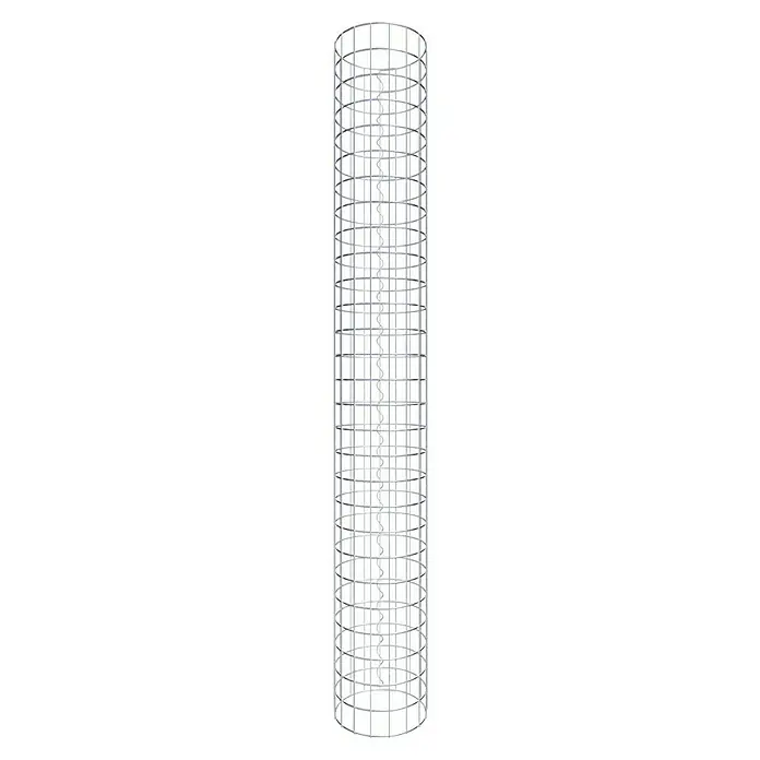 Gabiona Gabionensäule - Durchmesser: 27 cm, Höhe: 140 cm, Stahl, Maschenbreite: 50 mm, Maschenhöhe: 50 mm - Nahaufnahme eines vertikalen Windkraftgenerators mit gewundenen weißen Rotorblättern in einem weißen Metallkäfig.