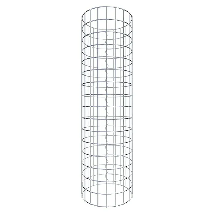 Gabiona Gabionensäule - Durchmesser: 37 cm, Höhe: 80 cm, Stahl, Maschenbreite: 50 mm, Maschenhöhe: 50 mm, Spirale - Nahaufnahme eines zylindrischen Metallgerüsts mit einer spiralförmigen Struktur im Inneren, ideal für Pflanzenstützen im Garten.