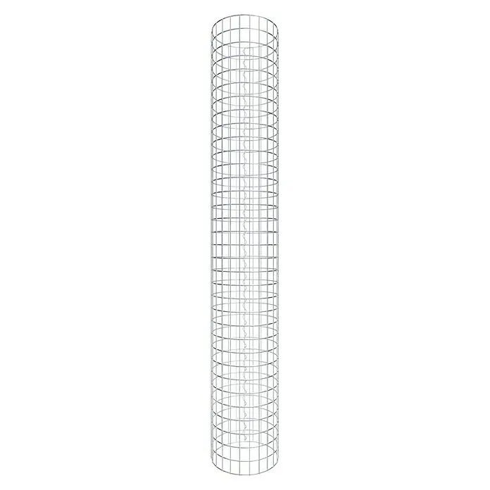 Gabiona Gabionensäule - Durchmesser: 37 cm, Höhe: 170 cm, Stahl, Maschenbreite: 50 mm, Maschenhöhe: 50 mm - Aufnahme eines dekorativen, silbernen Drahtturm-Produkts vor einem schwarzen Hintergrund, das sich ideal für Innenarchitektur eignet.