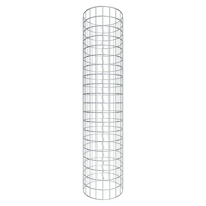 Gabiona Gabionensäule - Durchmesser: 32 cm, Höhe: 100 cm, Stahl, Maschenbreite: 50 mm, Maschenhöhe: 50 mm - Abbildung eines zylindrischen Turms aus Metallstreben mit einer spiralförmigen Struktur im Inneren. Ideal für den Einsatz in Industrie oder Architektur.