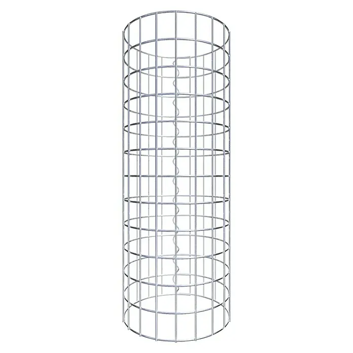Gabiona Gabionensäule - Durchmesser: 32 cm, Höhe: 60 cm, Stahl, Maschenbreite: 50 mm, Maschenhöhe: 50 mm - Das Bild zeigt einen stabilen, zylindrischen Pflanzenstützkäfig aus Metall mit einer spiralförmigen Stütze in der Mitte.