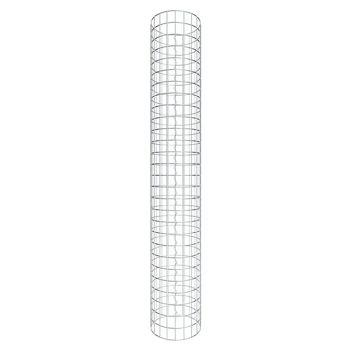 Gabiona Gabionensäule - Durchmesser: 32 cm, Höhe: 140 cm, Stahl, Maschenbreite: 50 mm, Maschenhöhe: 50 mm - Das Produkt ist ein Turm aus silberfarbenen Metallstreben, die ein zylindrisches Gitter bilden, mit einem spiralförmigen Element im Inneren.