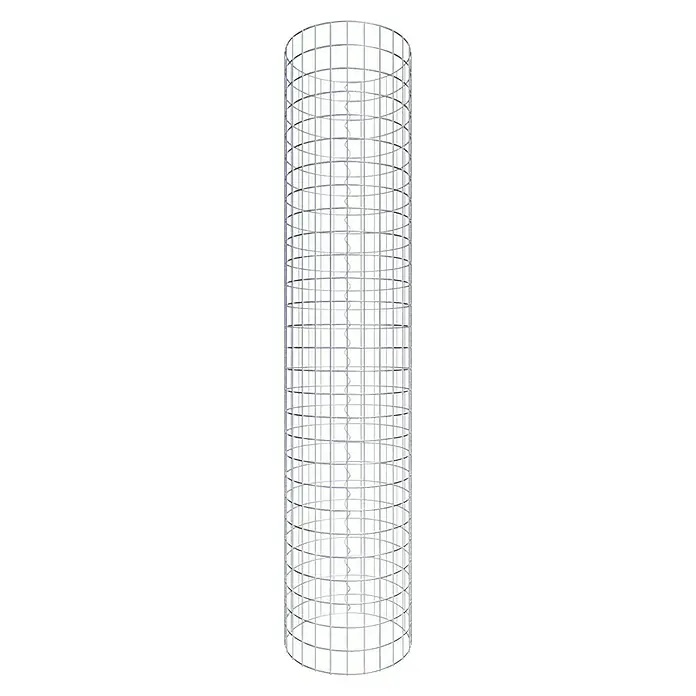 Gabiona Gabionensäule - Durchmesser: 42 cm, Höhe: 140 cm, Stahl, Maschenbreite: 50 mm, Maschenhöhe: 50 mm - Metallstruktur: Eine zylindrische Gitterkonstruktion aus silberfarbenem Metall, ideal für industrielle oder dekorative Zwecke.