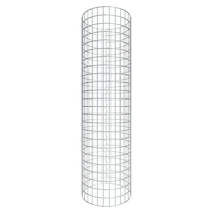 Gabiona Gabionensäule - Durchmesser: 47 cm, Höhe: 120 cm, Stahl, Maschenbreite: 50 mm, Maschenhöhe: 50 mm - Abbildung eines zylindrischen Metallgitterwerks mit einem spiralförmigen Element in der Mitte, das eine moderne und robuste Struktur darstellt.