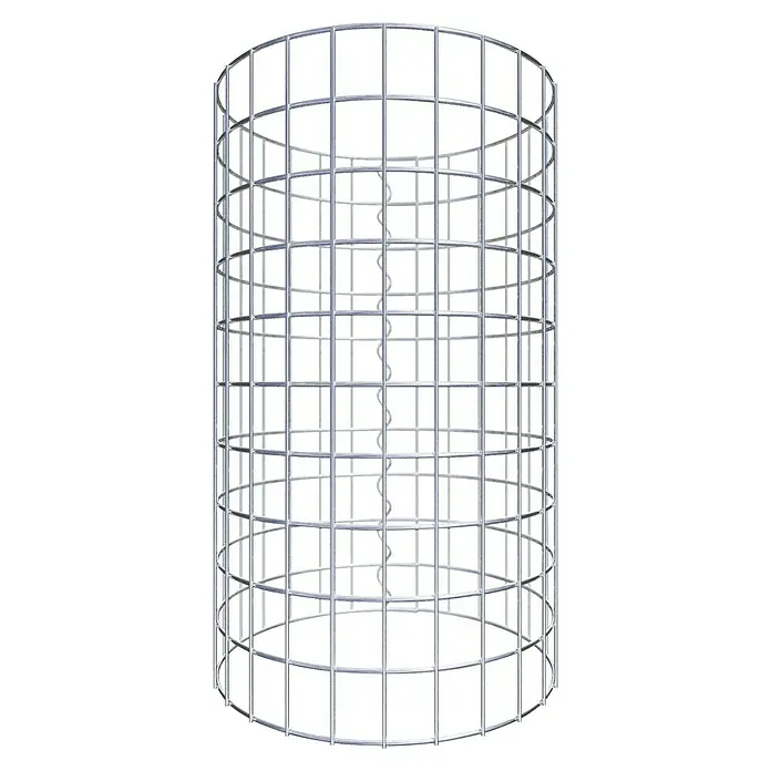 Gabiona Gabionensäule - Durchmesser: 42 cm, Höhe: 50 cm, Stahl, Maschenbreite: 50 mm, Maschenhöhe: 50 mm - Ansicht eines zylindrischen Metallkäfigs mit einer spiralförmigen Stange in der Mitte, der für Stabilität und einzigartige Struktur sorgt.