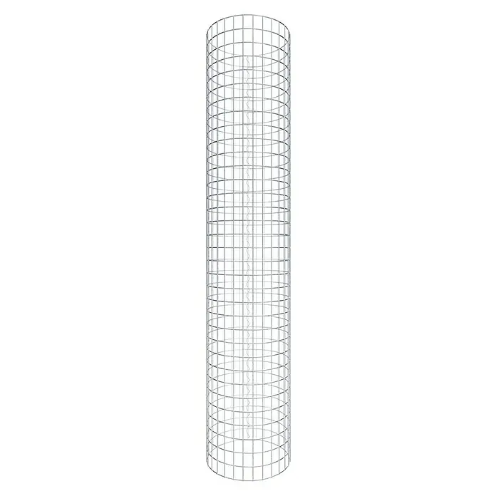 Gabiona Gabionensäule - Durchmesser: 47 cm, Höhe: 170 cm, Stahl, Maschenbreite: 50 mm, Maschenhöhe: 50 mm - Nahaufnahme eines silbernen Windgenerators, der aus einem Gitterrahmen besteht.