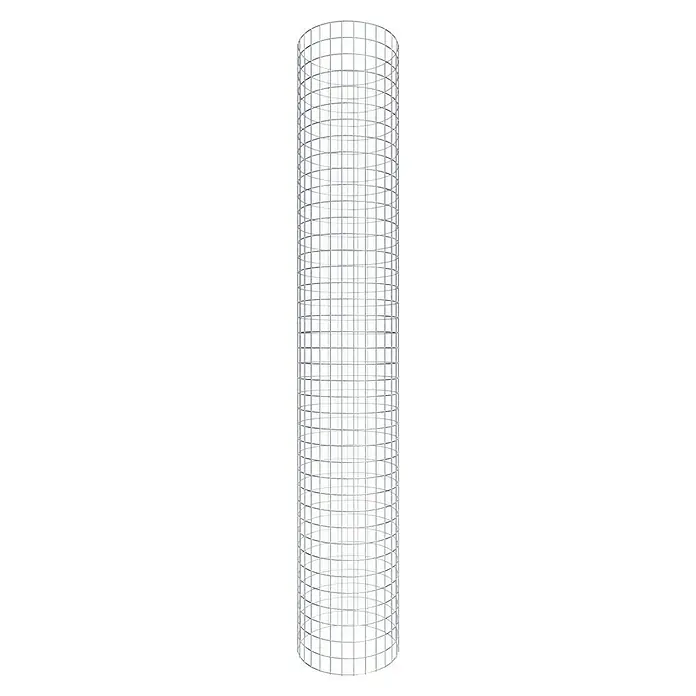 Gabiona Gabionensäule - Durchmesser: 47 cm, Höhe: 200 cm, Stahl, Maschenbreite: 50 mm, Maschenhöhe: 50 mm, Verschlussart Gabione: Spirale - Das Bild zeigt eine lange, zylindrische Struktur mit einem weißen Gittermuster vor einem schwarzen Hintergrund. Ideal für Designprojekte.
