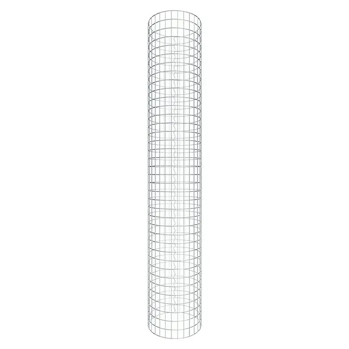 Gabiona Gabionensäule - Durchmesser: 47 cm, Höhe: 190 cm, Stahl, Maschenbreite: 50 mm, Maschenhöhe: 50 mm - Das Bild zeigt ein zylindrisches Gitter, das vermutlich eine Art Schutzvorrichtung oder Käfig darstellt. Die Konstruktion ist regelmäßig und wiederholend.