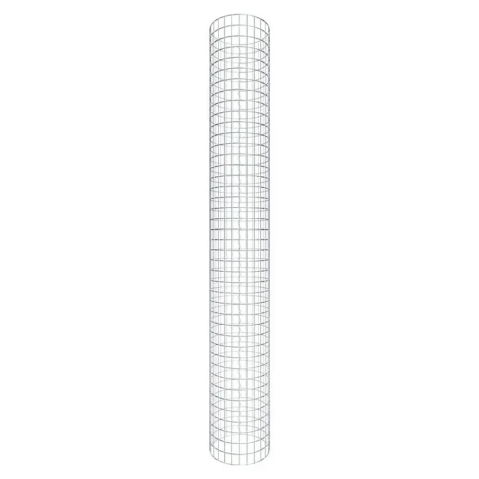 Gabiona Gabionensäule - Durchmesser: 42 cm, Höhe: 210 cm, Stahl, Maschenbreite: 50 mm, Maschenhöhe: 50 mm - Nahaufnahme eines silbernen Pflanzenstützpfahls mit Gitterstruktur. Ideal für Kletterpflanzen und als dekoratives Gartenelement.