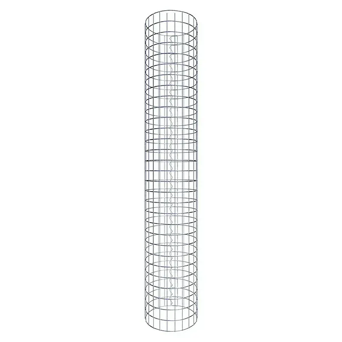 Gabiona Gabionensäule - Durchmesser: 37 cm, Höhe: 150 cm, Stahl, Maschenbreite: 50 mm, Maschenhöhe: 50 mm - Ein Turm, der ein exquisites Skelett zeigt, das ein zylindrisches Erscheinungsbild enthüllt und Licht und Schatten einbezieht.