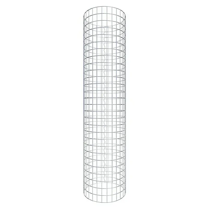Gabiona Gabionensäule - Durchmesser: 47 cm, Höhe: 140 cm, Stahl, Maschenbreite: 50 mm, Maschenhöhe: 50 mm - Nahaufnahme einer vertikalen Windkraftanlage mit spiralförmigen Rotorblättern, umgeben von einem zylindrischen Gitterkäfig.