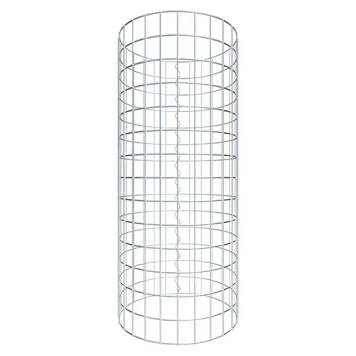 Gabiona Gabionensäule - Durchmesser: 42 cm, Höhe: 70 cm, Stahl, Maschenbreite: 50 mm, Maschenhöhe: 50 mm - Ansicht eines zylindrischen Gabionenkorbs aus Metall mit einer spiralförmigen Metallstütze in der Mitte.