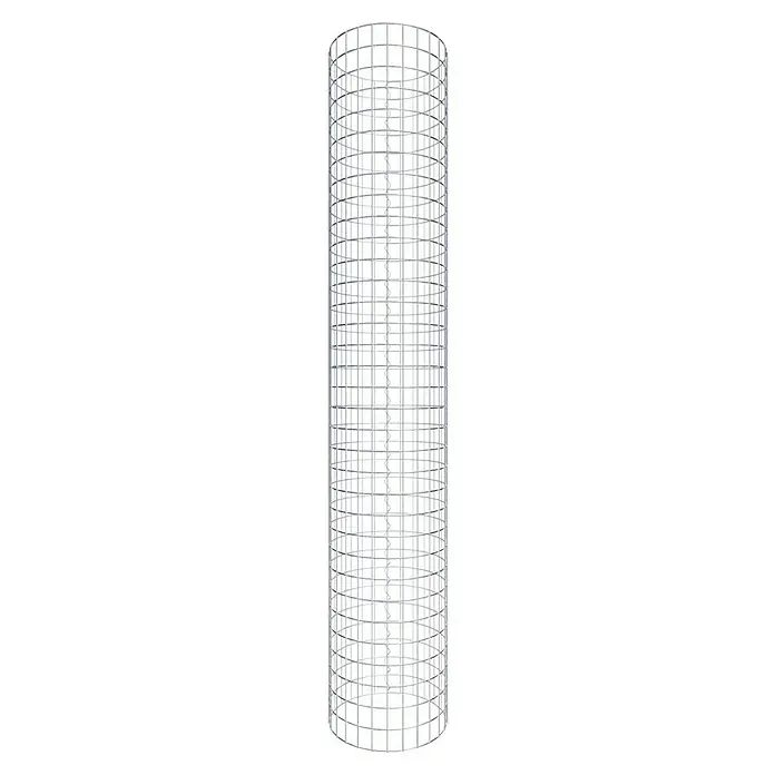 Gabiona Gabionensäule - Durchmesser: 42 cm, Höhe: 170 cm, Stahl, Maschenbreite: 50 mm, Maschenhöhe: 50 mm - Ein vertikales Bild eines zylindrischen, silberfarbenen Drahtgeflechts, das einen stabilen und robusten Käfig oder Behälter bildet.