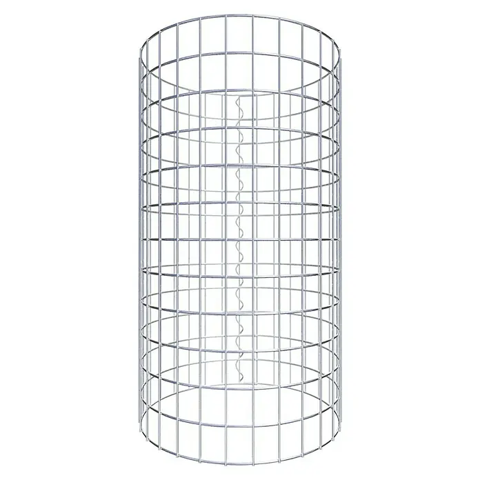 Gabiona Gabionensäule - Durchmesser: 47 cm, Höhe: 60 cm, Stahl, Maschenbreite: 50 mm, Maschenhöhe: 50 mm - Produktdarstellung: Eine spiralförmige Lampe ist in einem zylindrischen Metallgitterkäfig untergebracht.