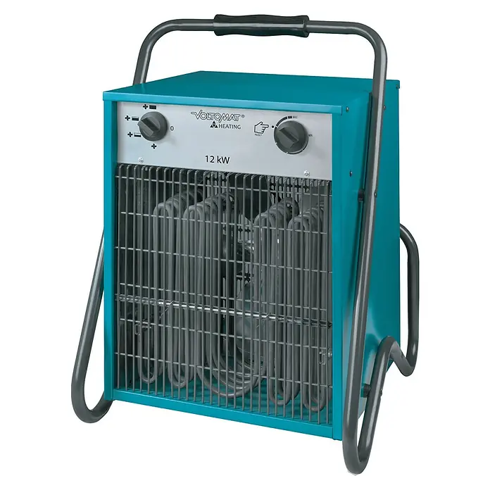 Voltomat HEATING Bauheizer - 12.000 W, Nennspannung: 400 V, Grün/Schwarz, IP24 - Abbildung einer tragbaren VOLTOMAT Elektroheizung mit 12 kW Leistung für Baustellen und Werkstätten.