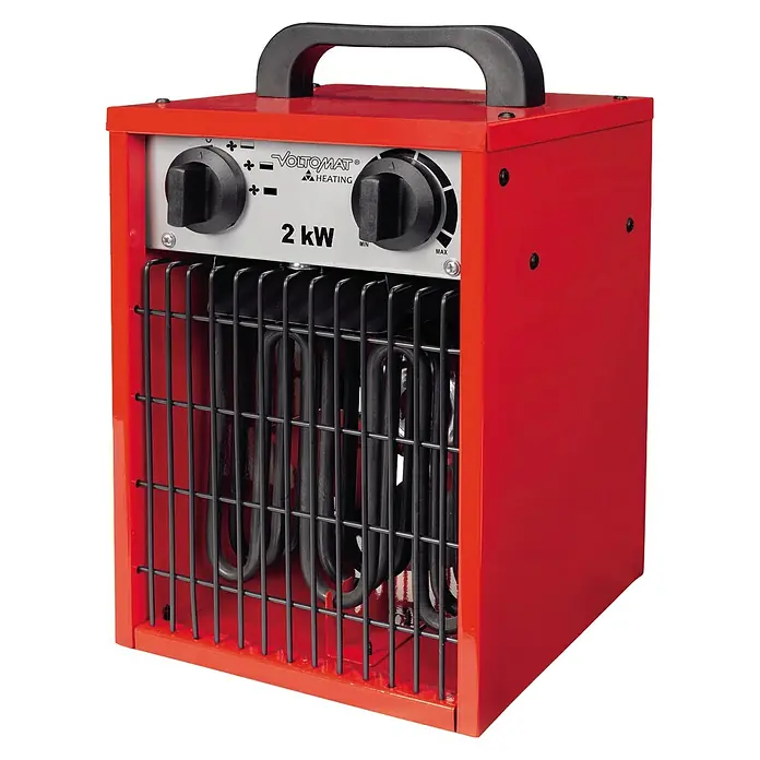 Voltomat HEATING Calefactor industrial - Específico para: Habitaciones de hasta 20 m², 1.000 W - 2.000 W, Tensión nominal: 220 V - 240 V, Rojo/Negro, IP24 - Imagen de un calentador Voltomat rojo con asa y rejilla negras, perfecto para la temporada de frío.