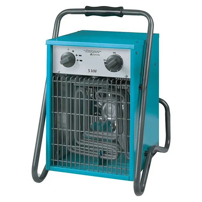 Voltomat HEATING Bauheizer - 5.000 kW, Nennspannung: 400 V, Grün/Schwarz, IP24 - Das Bild zeigt einen blauen VOLTOMAT Heizlüfter mit 5 kW Leistung und einem grauen Schutzgitter. Der Heizlüfter hat Drehknöpfe zur Steuerung.