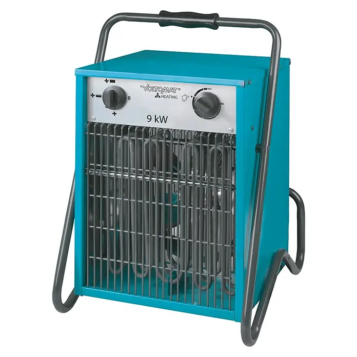 Voltomat HEATING Bauheizer - 4.500 W - 9.000 W, Nennspannung: 400 V, Grün/Schwarz, IP24 - Blauer VOLTOMAT Heizlüfter mit Tragegriff und Bedienelementen, ideal für Baustellen und Werkstätten. 9 kW Heizleistung.