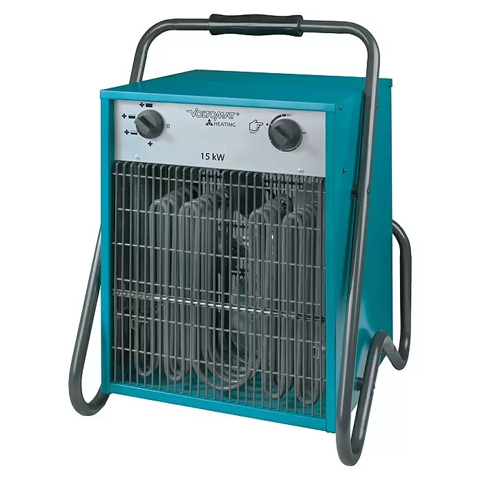Voltomat HEATING Bauheizer - 15.000 W, Nennspannung: 400 V, Blau, IP24 - Ein türkiser und grauer 15 kW tragbarer Heizlüfter mit Metallgitter und Bedienknöpfen.