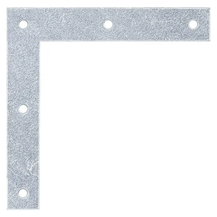 Stabilit Eckwinkel - 100 x 15 x 100 mm, Silber - Eine verzinkte Eckverbindung mit mehreren Löchern, ideal zur stabilen Befestigung von Bauteilen im Bauwesen.