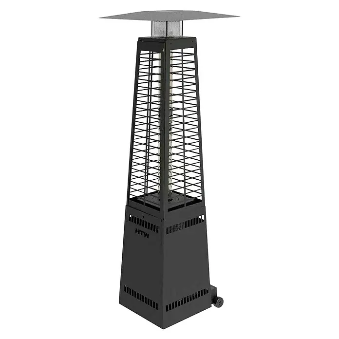 Estufa de pellets de exterior Freya - 14 kW, Altura: 219 cm, Negro - Calentador de patio negro en forma de pirámide con rejilla protectora y amplia pantalla para un calor agradable al aire libre.