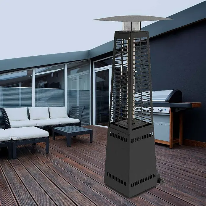 Estufa de pellets de exterior Freya - 14 kW, Altura: 219 cm, Negro - Calentador de patio para exteriores. El elegante calentador piramidal negro irradia calor y agrega ambiente a su espacio al aire libre.