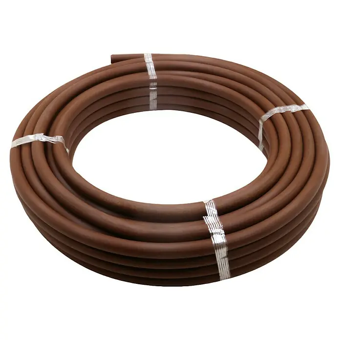 Tubo de instalación goteo marrón 25 m - 16 mm, 25 m - Kit de manguera de riego marrón enrollada, perfecto para el riego de jardines, asegurado con bridas plateadas para fácil manejo y almacenamiento.