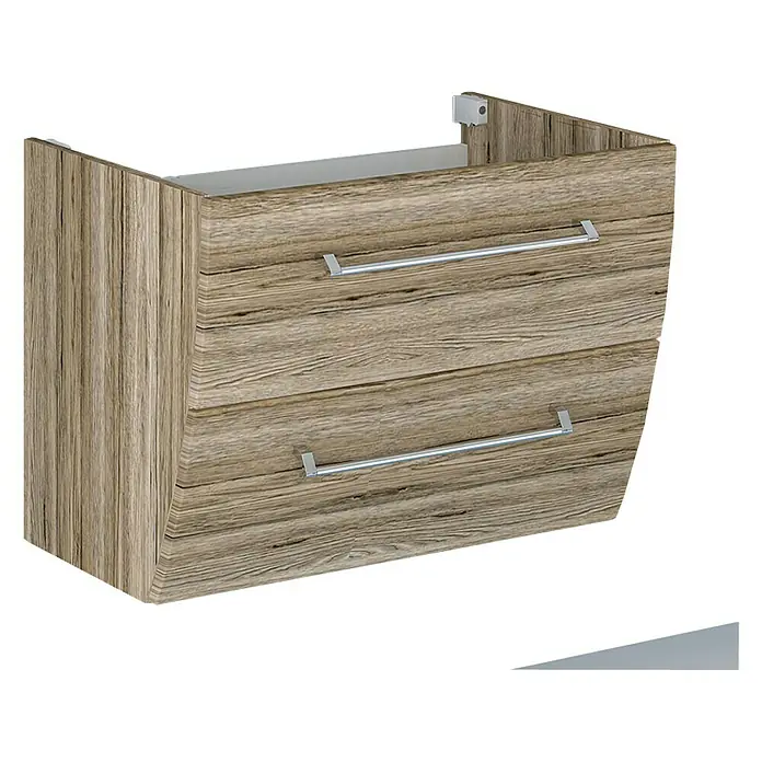 Camargue Orion Waschtischunterschrank - 70,5 x 51 x 52,5 cm, Sanremo Rustico - Detailaufnahme eines Unterschranks mit zwei Schubladen und Griffen im modernen Holzdekor für Badezimmer.