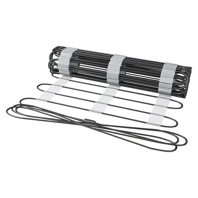 Jollytherm Freiflächenheizung Comfort - B x L: 0,5 x 0,5 m, 630 W, Beheizbare Fläche: 2 m² - Eine elektrische Fußbodenheizungsmatte, teilweise aufgerollt, mit grauem Heizkabel und weißen Befestigungsstreifen.
