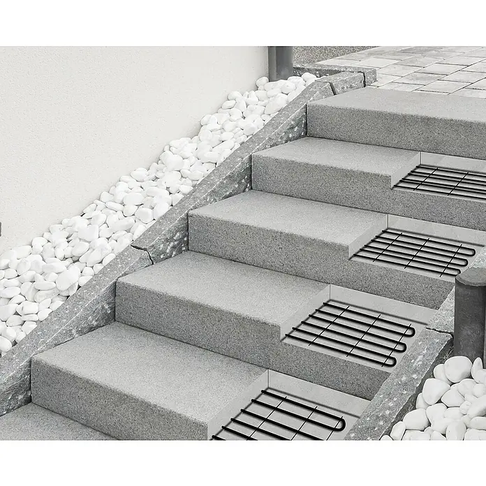 Jollytherm Freiflächenheizung Comfort - B x L: 0,5 x 0,5 m, 630 W, Beheizbare Fläche: 2 m² - Bild einer Treppe mit integrierter Treppenheizung, ideal für den Winter, um Eis und Schnee zu verhindern.