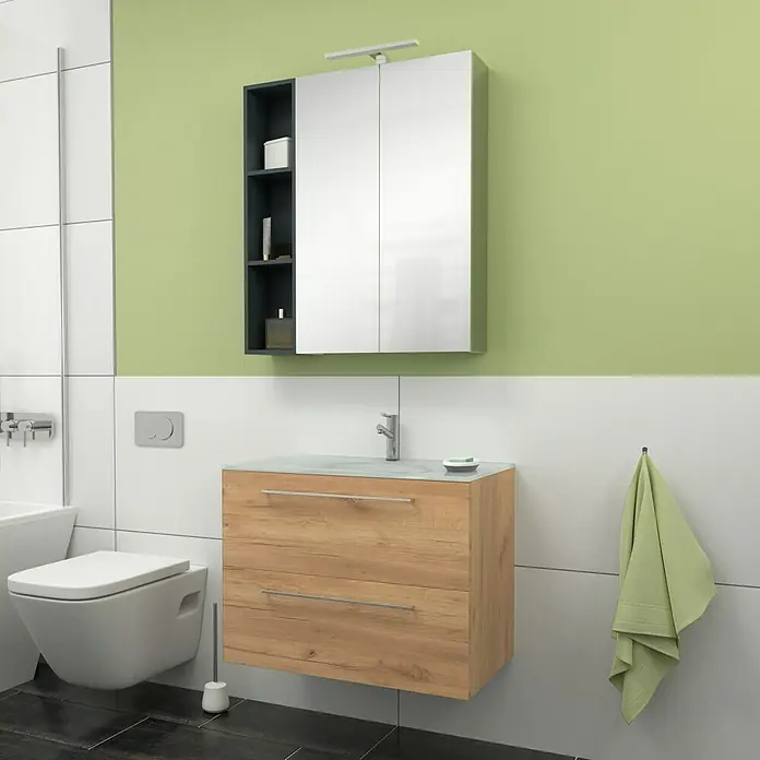 Camargue Espacio Badmöbel-Set G66 - 80 cm, Doce - Badezimmer-Waschtisch mit Holzstruktur, mit stilvollem Spiegelschrank und passendem Handtuch.