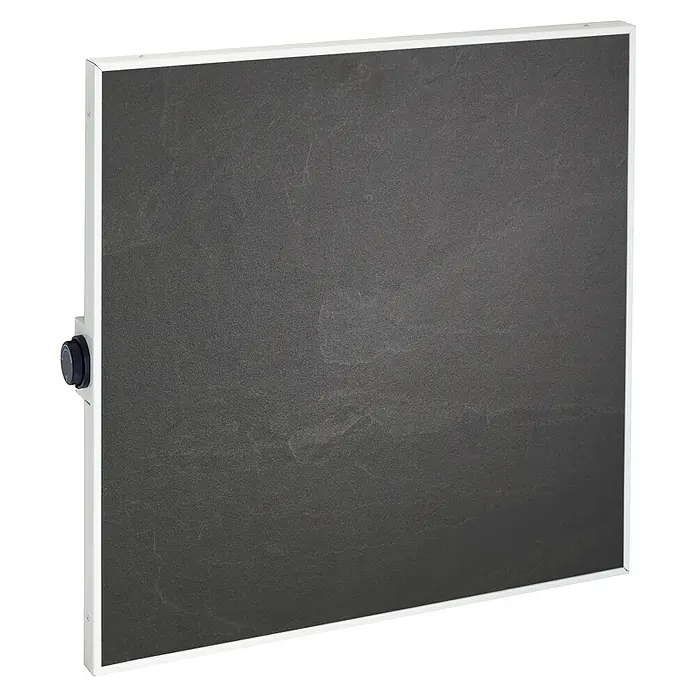 Jollytherm Infrarot-Keramikheizkörper - B x H: 60 x 60 cm, 365 W, Naturstein - Nahaufnahme eines schwarzen Infrarotheizkörpers mit weißem Rahmen und Drehknopf zur Temperaturregelung, ideal für stilvolle Wärme.