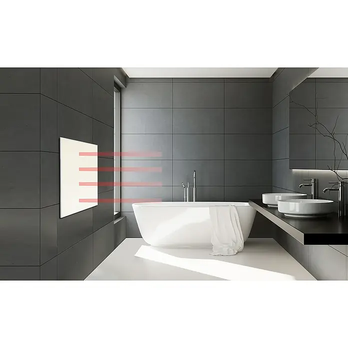 Jollytherm Infrarot-Keramikheizkörper - B x H: 60 x 60 cm, 365 W, Weiß - Elegantes Badezimmer mit Infrarotheizung an der Wand. Das Infrarotpaneel sorgt für angenehme Wärme und ein stilvolles Ambiente im Raum.