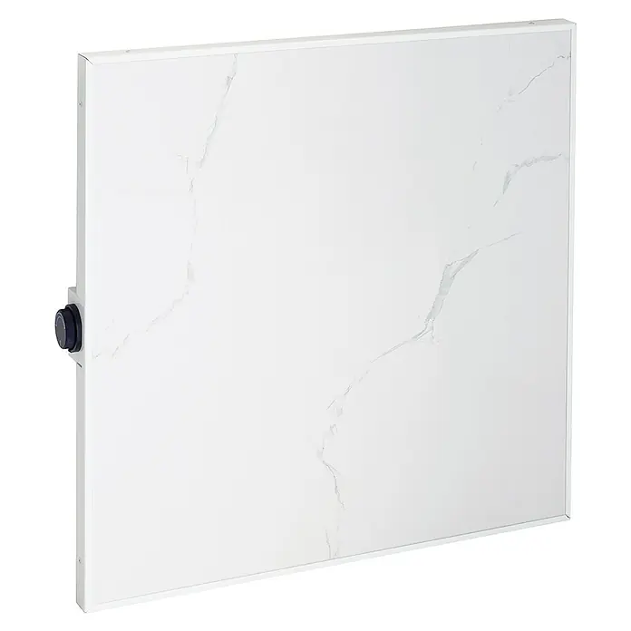 Jollytherm Infrarot-Keramikheizkörper - B x H: 60 x 60 cm, 365 W, Marmor - Nahaufnahme einer weißen Marmorheizplatte mit einem schwarzen Drehknopf zur Temperaturregelung.