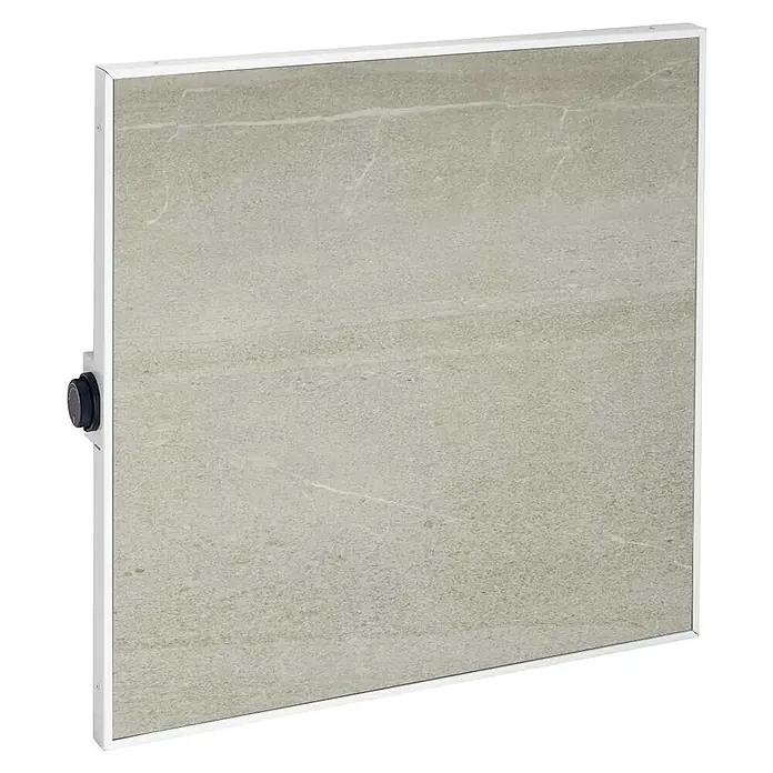 Jollytherm Infrarot-Keramikheizkörper - B x H: 60 x 60 cm, 365 W, Beton - Nahaufnahme einer stilvollen Marmorheizung mit weißem Rahmen und Drehknopf zur Temperaturregelung, ideal für moderne Innenräume.