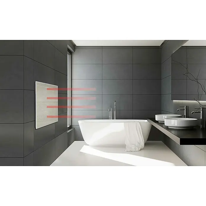 Jollytherm Infrarot-Keramikheizkörper - B x H: 60 x 60 cm, 365 W, Beton - Ein modernes Badezimmer mit einem stilvollen Infrarot-Wandheizkörper, der Wärme ausstrahlt und für ein behagliches Ambiente sorgt.