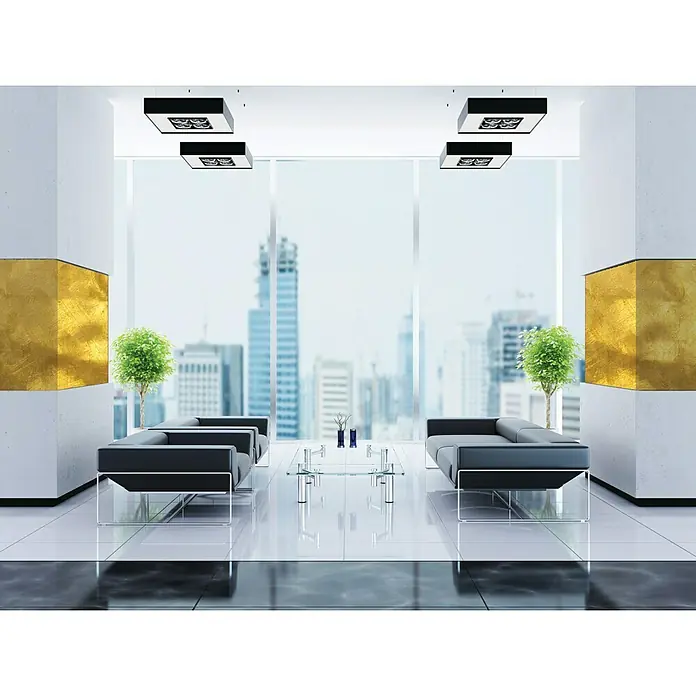 Osaka Yeso con efecto de color Efecto perlado - Dorado, 2,5 l, Satinado - Ambiente de oficina luminoso con modernos sofás negros y luces de techo cuadradas únicas, que destacan el diseño elegante del espacio.