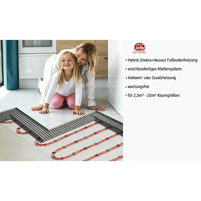 Jollytherm Fußbodenheizung Hybrid Vario-Heat - Beheizbare Fläche: 5 m², 150 W - Intelligente Fußbodenheizung von Bella Jolly für ein komfortables Zuhause. Hybrid (Elektro+Wasser) für Raumgrößen von 2,5m² - 20m².