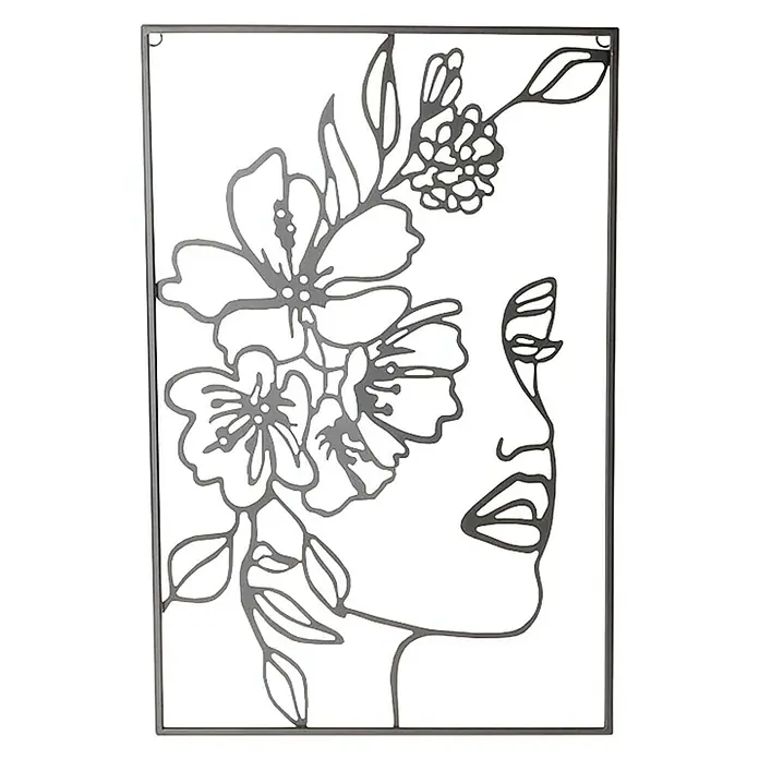 Wandobjekt Femin - 38 x 58 cm - Ein dekoratives Metallkunstwerk mit einer stilisierten Frauengesicht-Silhouette, umgeben von floralen Elementen, perfekt für moderne Wanddekorationen.