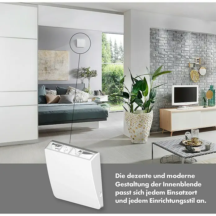 Marley Wärmetauscher Air 4.0 - Max. Leistung: 50 W - Ein Innenblenden-Produkt wird im Kontext eines modern eingerichteten Zimmers gezeigt, das die Anpassungsfähigkeit hervorhebt.