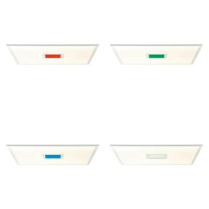 Brilliant LED-Deckenleuchte Odella - 37 W, L x B x H: 59,5 x 59,5 x 5 cm, Weiß, RGBW - Vier Paneelleuchten mit roten, grünen, blauen und weißen Farbtupfern auf einem schwarzen Hintergrund.