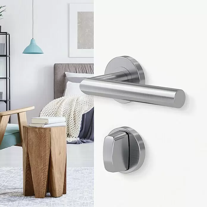 Diamond Doors Modern Zimmertürgarnitur WC L-Form - Stärke Tür: 38 mm - 45 mm, Edelstahl, Schlitzkopf/Olive - Stimmungsaufnahme
