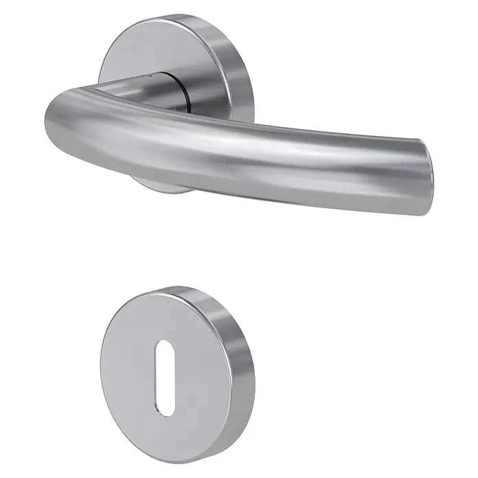 Diamond Doors Classic Drückergarnitur Wisconsin - Edelstahl matt, Buntbart - Ein silberner Türgriff mit einem Schlüsselloch darunter. Das moderne Design passt zu verschiedenen Inneneinrichtungen.
