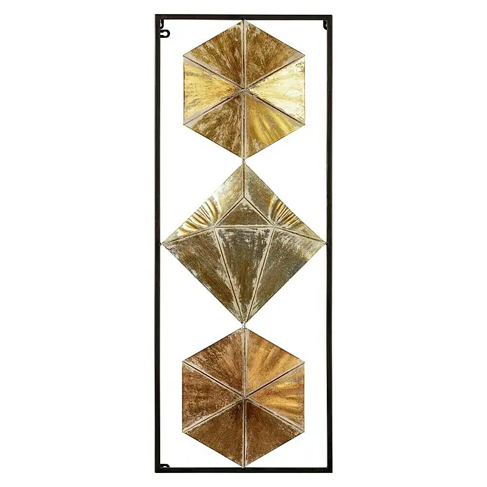 Wandobjekt Kari - 33 x 86 cm, Eisen - Wanddeko mit geometrischen Formen: Sechsecke und Rhombus in Goldtönen, gerahmt. Elegante Wandkunst für modernes Ambiente.
